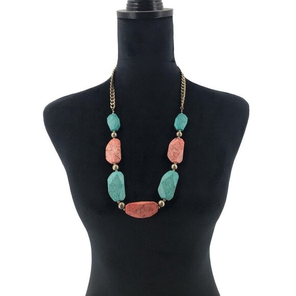 Chunky Simulated Turquoise & Coral Statement Necklace With Gold Chain & Beads - Picture 3 of 3